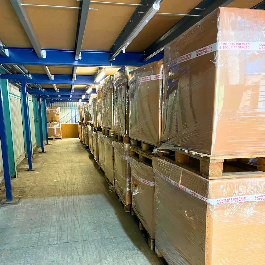 Wrapped pallets of donated books waiting to ship to Africa